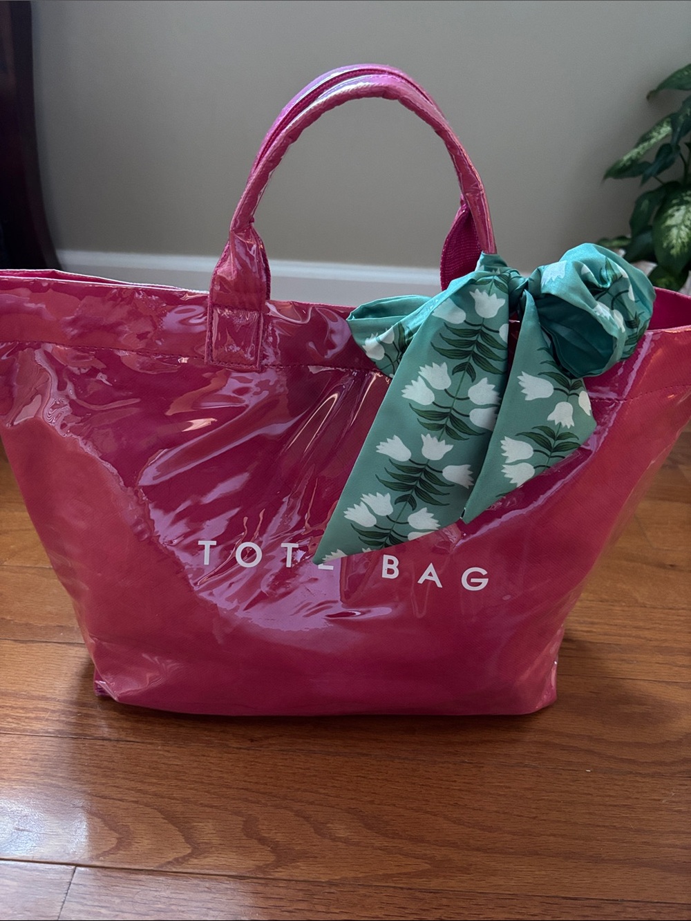 Pink Tote Bag with Green Floral Scarf